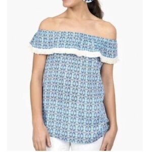 Roberta Roller Rabbit Lucia Geometric Blue Off Shoulder Fringe Trim Blouse small